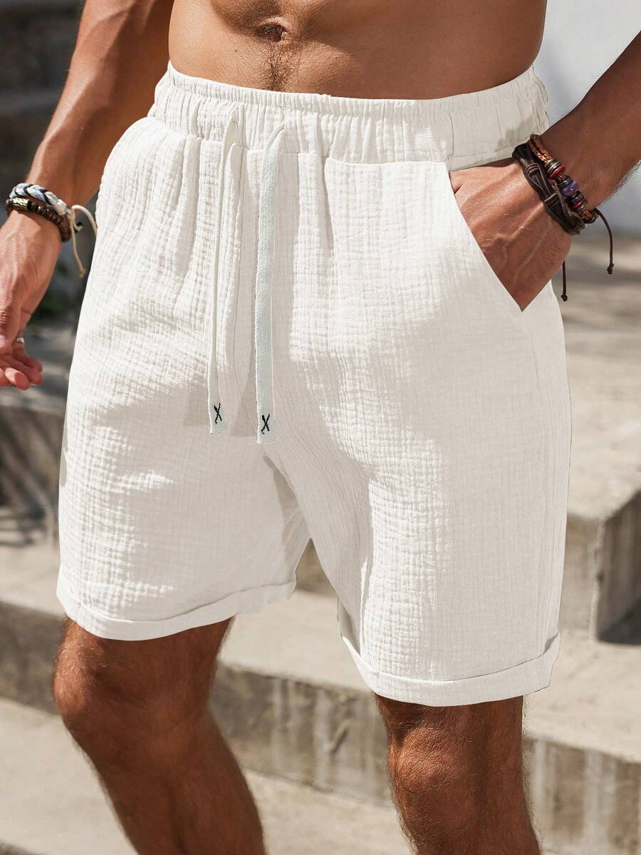 Muške kratke pantalone od teksturiranog pamuka sa pertlom u struku i džepovima
