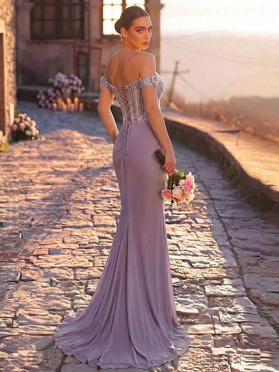 Elegantna luksuzna sirenina haljina za žene sa spuštenim ramenima