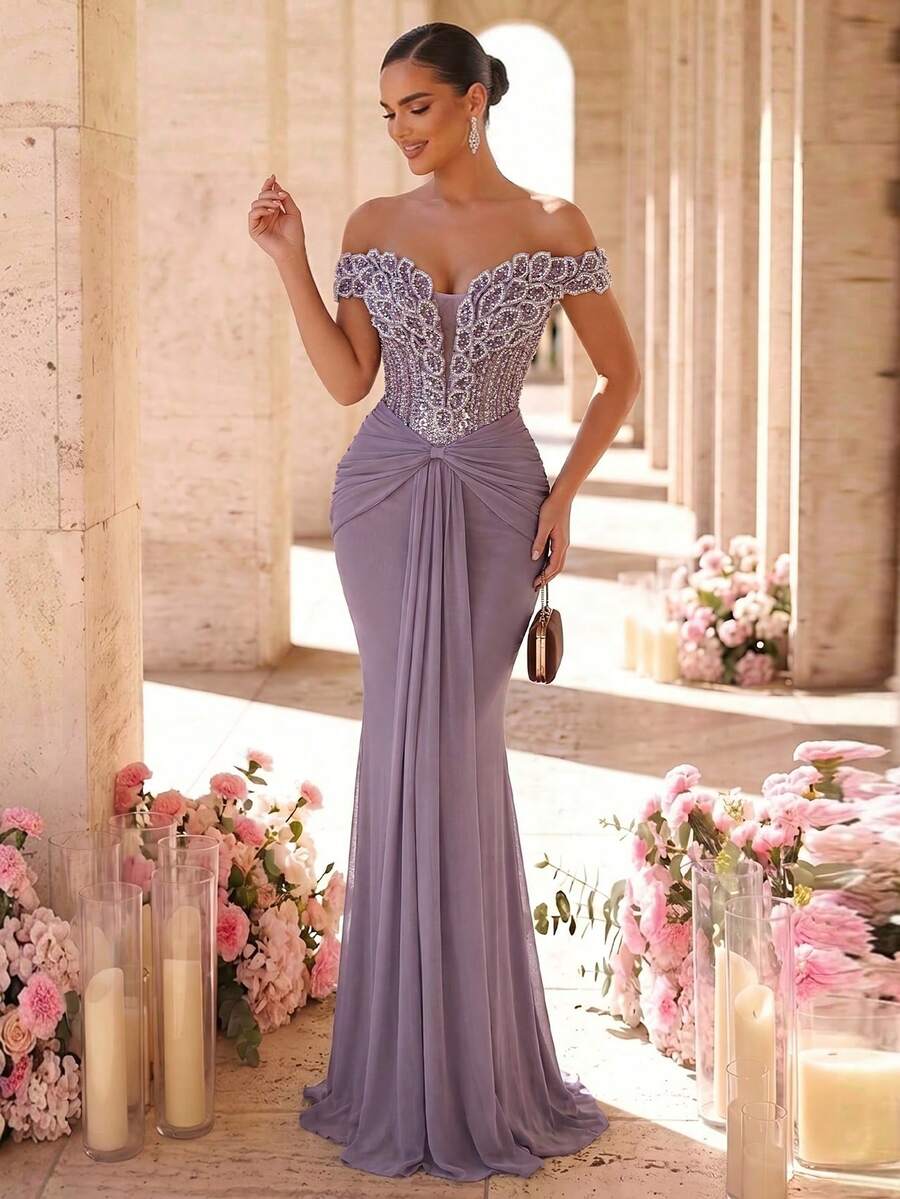 Elegantna luksuzna sirenina haljina za žene sa spuštenim ramenima