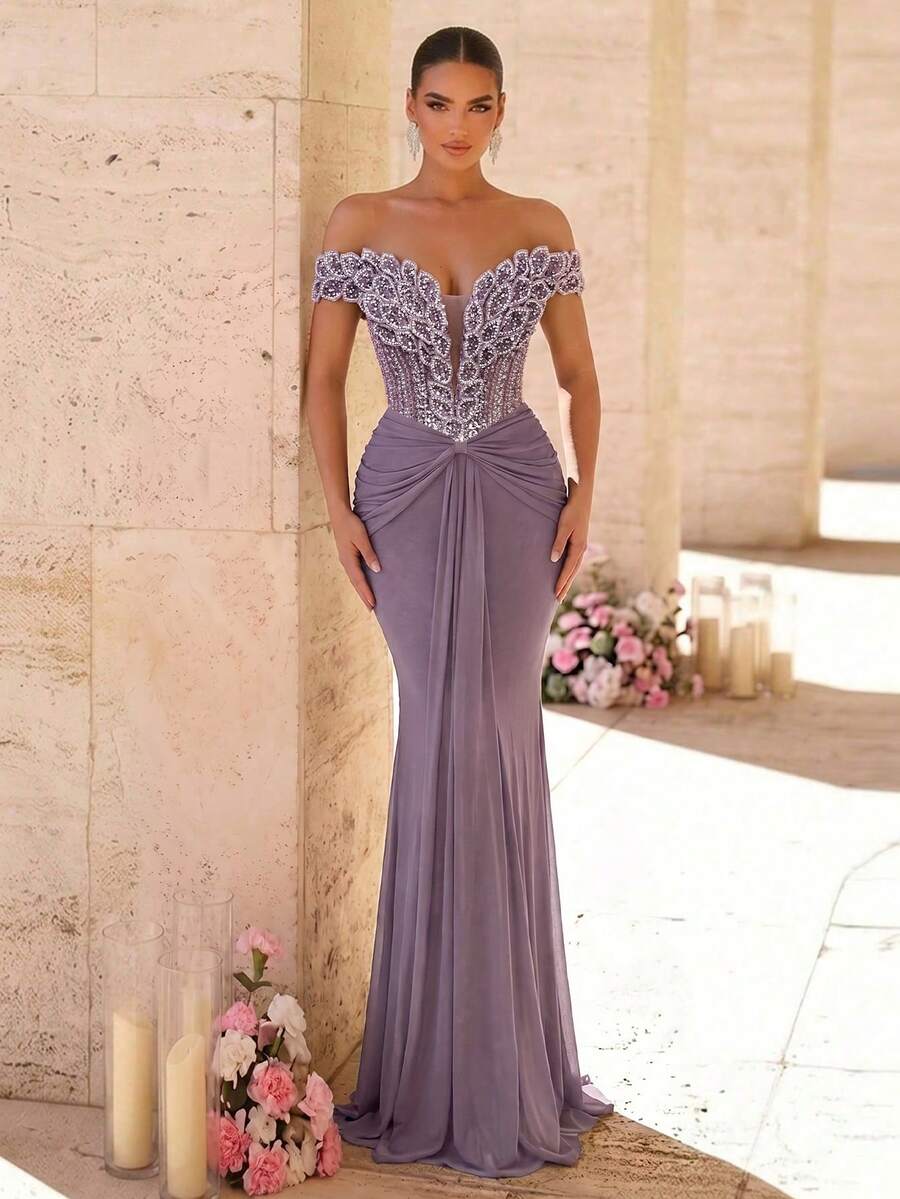 Elegantna luksuzna sirenina haljina za žene sa spuštenim ramenima