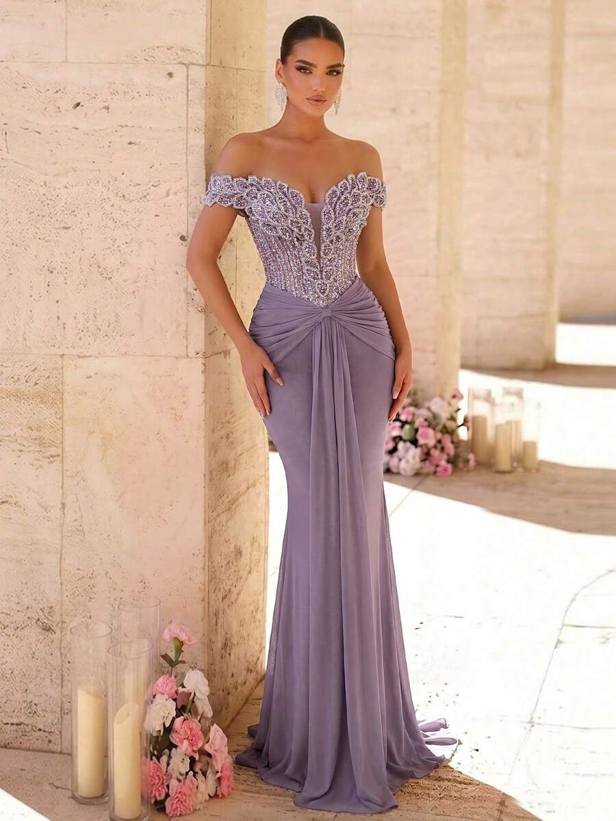 Elegantna luksuzna sirenina haljina za žene sa spuštenim ramenima