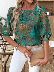 SHEIN LUNE Women's Casual Commuter Printed Lantern Sleeve Blouse,Summer Top