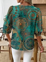 SHEIN LUNE Women's Casual Commuter Printed Lantern Sleeve Blouse,Summer Top