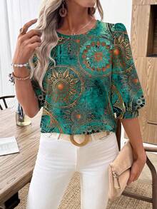 SHEIN LUNE Women's Casual Commuter Printed Lantern Sleeve Blouse,Summer Top