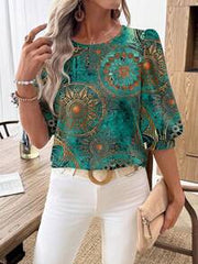 SHEIN LUNE Women's Casual Commuter Printed Lantern Sleeve Blouse,Summer Top