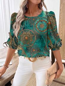 SHEIN LUNE Women's Casual Commuter Printed Lantern Sleeve Blouse,Summer Top