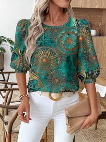 SHEIN LUNE Women's Casual Commuter Printed Lantern Sleeve Blouse,Summer Top