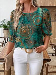 SHEIN LUNE Women's Casual Commuter Printed Lantern Sleeve Blouse,Summer Top