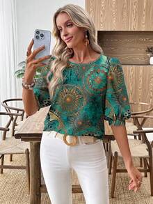 SHEIN LUNE Women's Casual Commuter Printed Lantern Sleeve Blouse,Summer Top