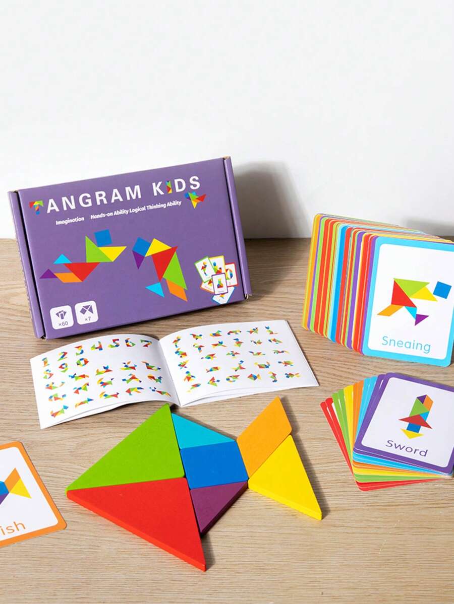 Dečja kreativna drvena tangram slagalica sa dvostranim karticama sa uzorcima