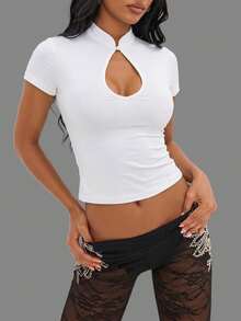 Sexy Solid Color Hollow Out Fitted Crop Top, Summer White