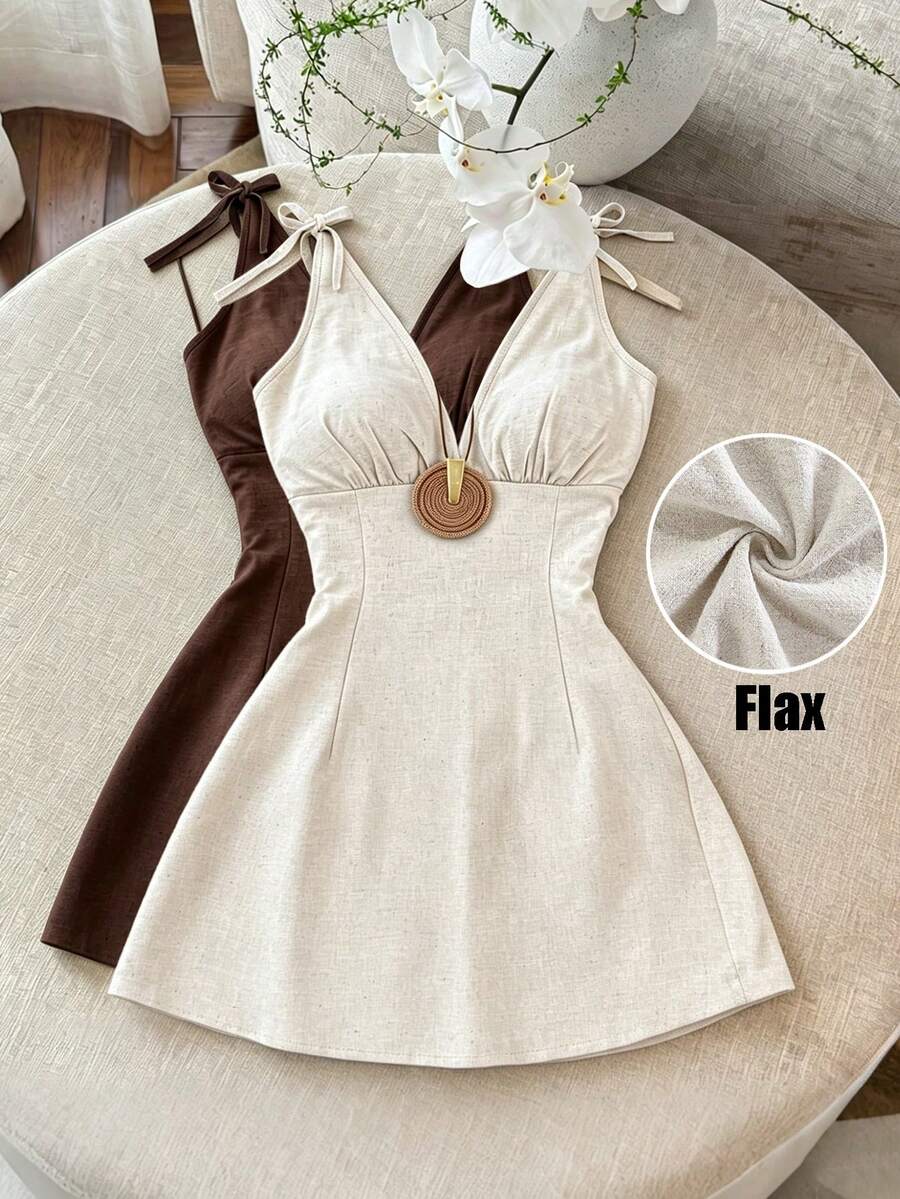 Franclia Beige,Summer,Elegant,Holiday,Vacation,Holiday Women Cotton Linen Spaghetti Strap Deep V-Neck Mini Dress,Solid Color Tie-Waist Slim Fit A-Line Outfit