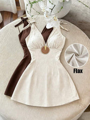 Franclia Beige,Summer,Elegant,Holiday,Vacation,Holiday Women Cotton Linen Spaghetti Strap Deep V-Neck Mini Dress,Solid Color Tie-Waist Slim Fit A-Line Outfit