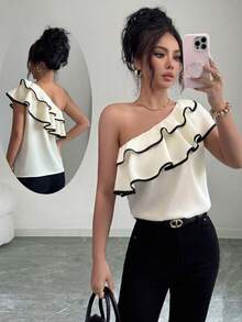 Elenzga Women's Elegant Casual One-Shoulder Shirt, Ruffle Color Block Trim, Stylish Design, Daily Outdoor Wear & Easy To Match