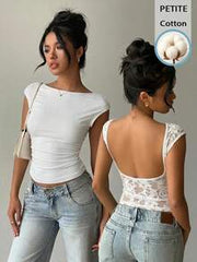 Aloruh 95% Cotton White Lace Patchwork Short Sleeve T-Shirt Sexy Backless Top Suitable For Summer