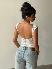 Aloruh 95% Cotton White Lace Patchwork Short Sleeve T-Shirt Sexy Backless Top Suitable For Summer