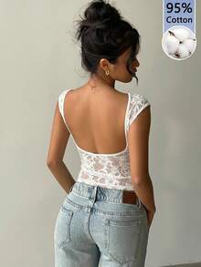 Aloruh 95% Cotton White Lace Patchwork Short Sleeve T-Shirt Sexy Backless Top Suitable For Summer