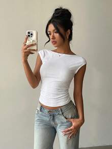 Aloruh 95% Cotton White Lace Patchwork Short Sleeve T-Shirt Sexy Backless Top Suitable For Summer