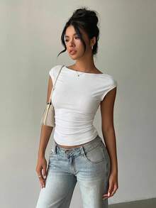 Aloruh 95% Cotton White Lace Patchwork Short Sleeve T-Shirt Sexy Backless Top Suitable For Summer