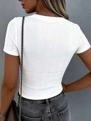 ChicMe Women's Square Neck Short Sleeve Fitted Knit Top, Casual Daily Wear For Summer White