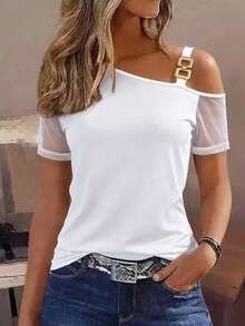 EMERY ROSE Women's 2026 Spring/Summer New Casual Vacation Mesh Splice Asymmetrical Shoulder Short Sleeve T-Shirt