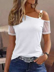 EMERY ROSE Women's 2026 Spring/Summer New Casual Vacation Mesh Splice Asymmetrical Shoulder Short Sleeve T-Shirt