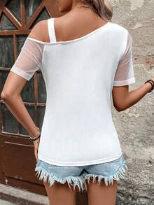 EMERY ROSE Women's 2026 Spring/Summer New Casual Vacation Mesh Splice Asymmetrical Shoulder Short Sleeve T-Shirt