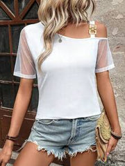 EMERY ROSE Women's 2026 Spring/Summer New Casual Vacation Mesh Splice Asymmetrical Shoulder Short Sleeve T-Shirt
