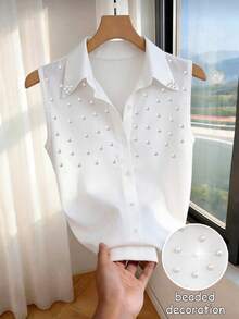INAWLY Elegant Fitted Collar Studded Sleeveless Casual/Work Shirt For Women