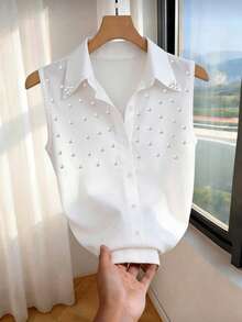 INAWLY Elegant Fitted Collar Studded Sleeveless Casual/Work Shirt For Women