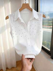 INAWLY Elegant Fitted Collar Studded Sleeveless Casual/Work Shirt For Women