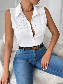 INAWLY Elegant Fitted Collar Studded Sleeveless Casual/Work Shirt For Women