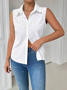 INAWLY Elegant Fitted Collar Studded Sleeveless Casual/Work Shirt For Women