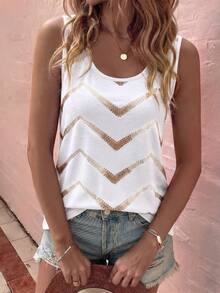 EMERY ROSE Women's Spring/Summer New Arrival Polka Dot & Asymmetrical Stripe Print U-Neck Casual Versatile Tank Top