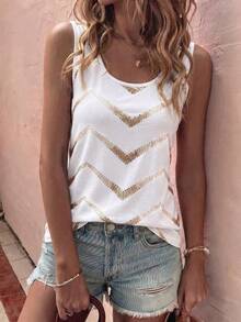 EMERY ROSE Women's Spring/Summer New Arrival Polka Dot & Asymmetrical Stripe Print U-Neck Casual Versatile Tank Top