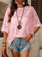 SHEIN LUNE Women's Casual Boho Loose Fit Basic Short Sleeve T-Shirt For Home Wear, Summer,Casual,Pink Floral Top,Summer Top Holiday Vacation