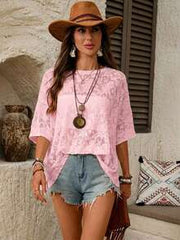 SHEIN LUNE Women's Casual Boho Loose Fit Basic Short Sleeve T-Shirt For Home Wear, Summer,Casual,Pink Floral Top,Summer Top Holiday Vacation