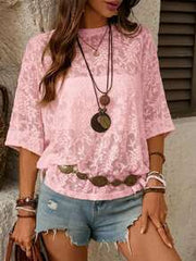SHEIN LUNE Women's Casual Boho Loose Fit Basic Short Sleeve T-Shirt For Home Wear, Summer,Casual,Pink Floral Top,Summer Top Holiday Vacation