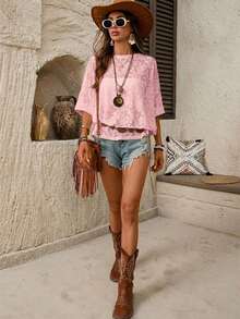 SHEIN LUNE Women's Casual Boho Loose Fit Basic Short Sleeve T-Shirt For Home Wear, Summer,Casual,Pink Floral Top,Summer Top Holiday Vacation