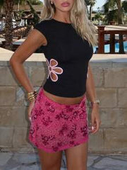 Opulessa Women's Casual Hollow Flower Fitted T-Shirt