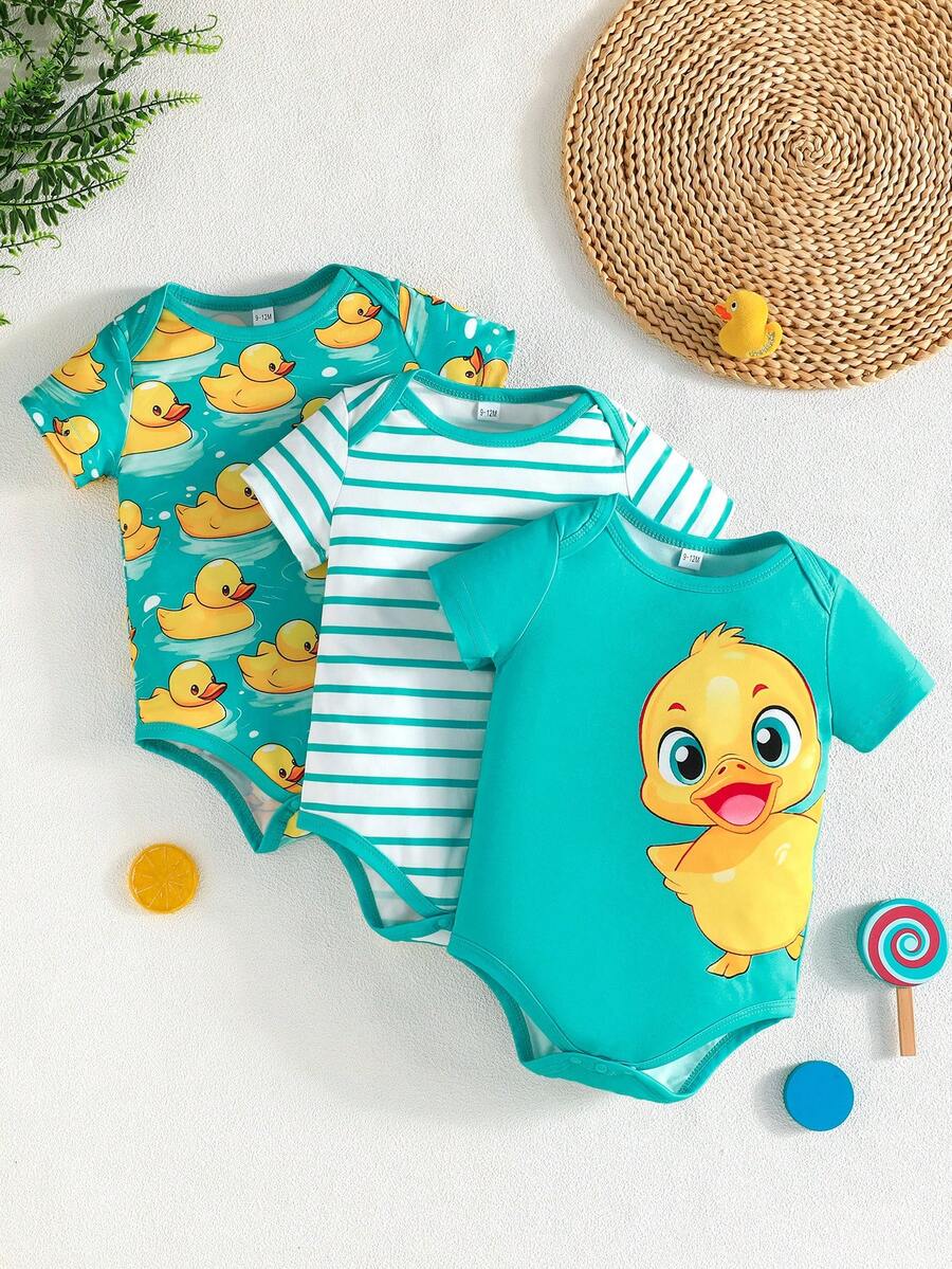 3 kom/set bebi body majice sa slatkim printom patke, udobne i lake za oblačenje, kratkih rukava