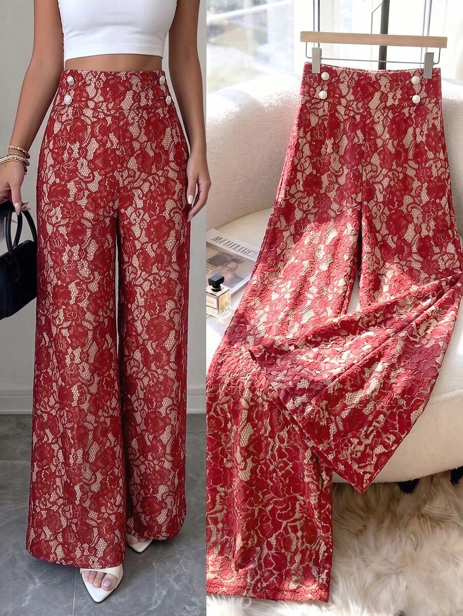 Ženske letnje elegantne pantalone sa čipkom i raširenim nogavicama, visokog struka