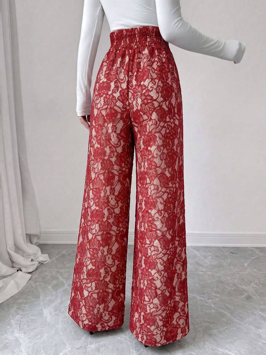 Ženske letnje elegantne pantalone sa čipkom i raširenim nogavicama, visokog struka