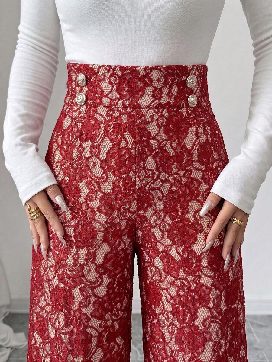 Ženske letnje elegantne pantalone sa čipkom i raširenim nogavicama, visokog struka