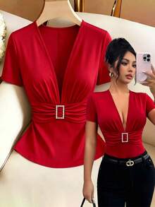 Elenzga Summer New V-Neck T-Shirt For Women, Rhinestone Button Decor, Waist Cinching, Commuting & Sexy Style