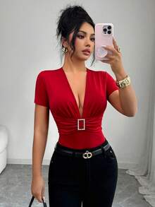 Elenzga Summer New V-Neck T-Shirt For Women, Rhinestone Button Decor, Waist Cinching, Commuting & Sexy Style