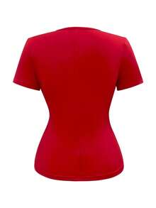 Elenzga Summer New V-Neck T-Shirt For Women, Rhinestone Button Decor, Waist Cinching, Commuting & Sexy Style