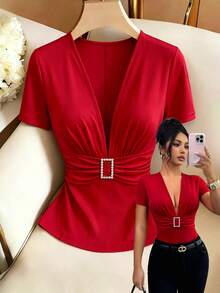 Elenzga Summer New V-Neck T-Shirt For Women, Rhinestone Button Decor, Waist Cinching, Commuting & Sexy Style