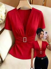 Elenzga Summer New V-Neck T-Shirt For Women, Rhinestone Button Decor, Waist Cinching, Commuting & Sexy Style
