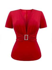 Elenzga Summer New V-Neck T-Shirt For Women, Rhinestone Button Decor, Waist Cinching, Commuting & Sexy Style
